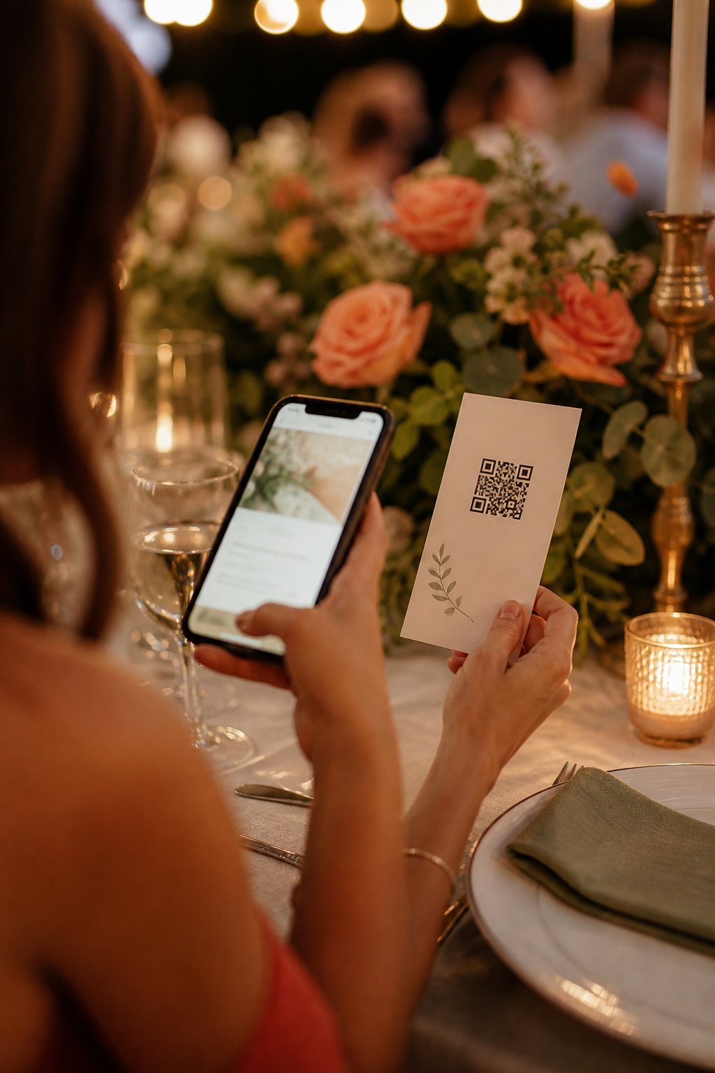 A guest scanning the wedding QR code with her phone camera