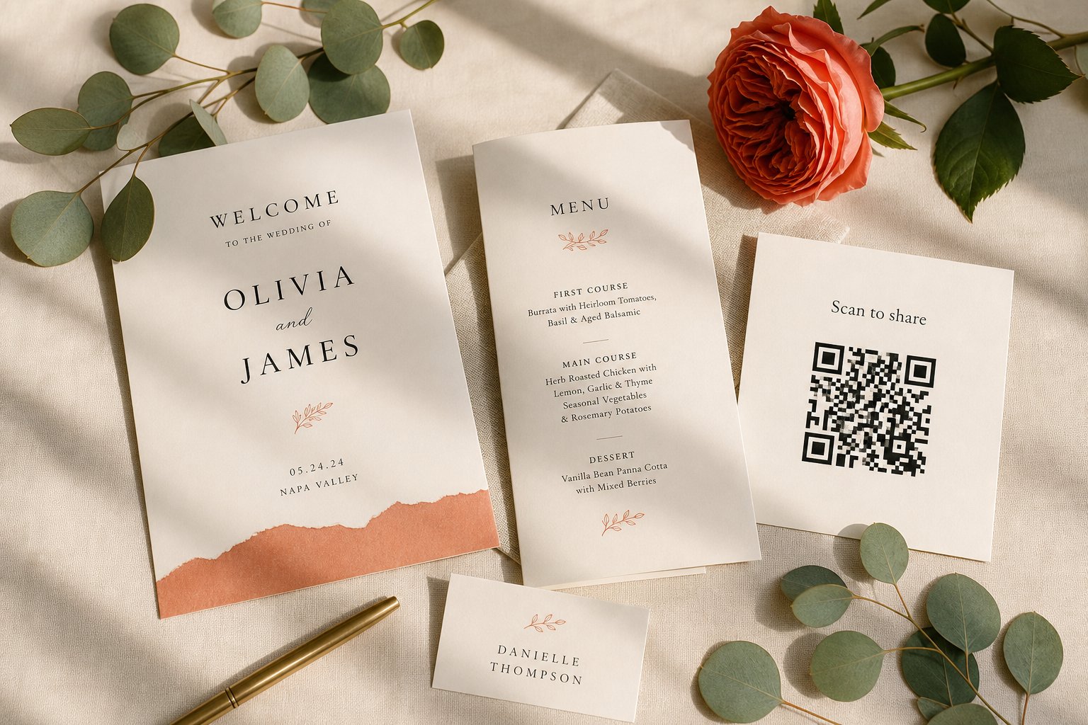 Wedding invitation suite with a printed QR code